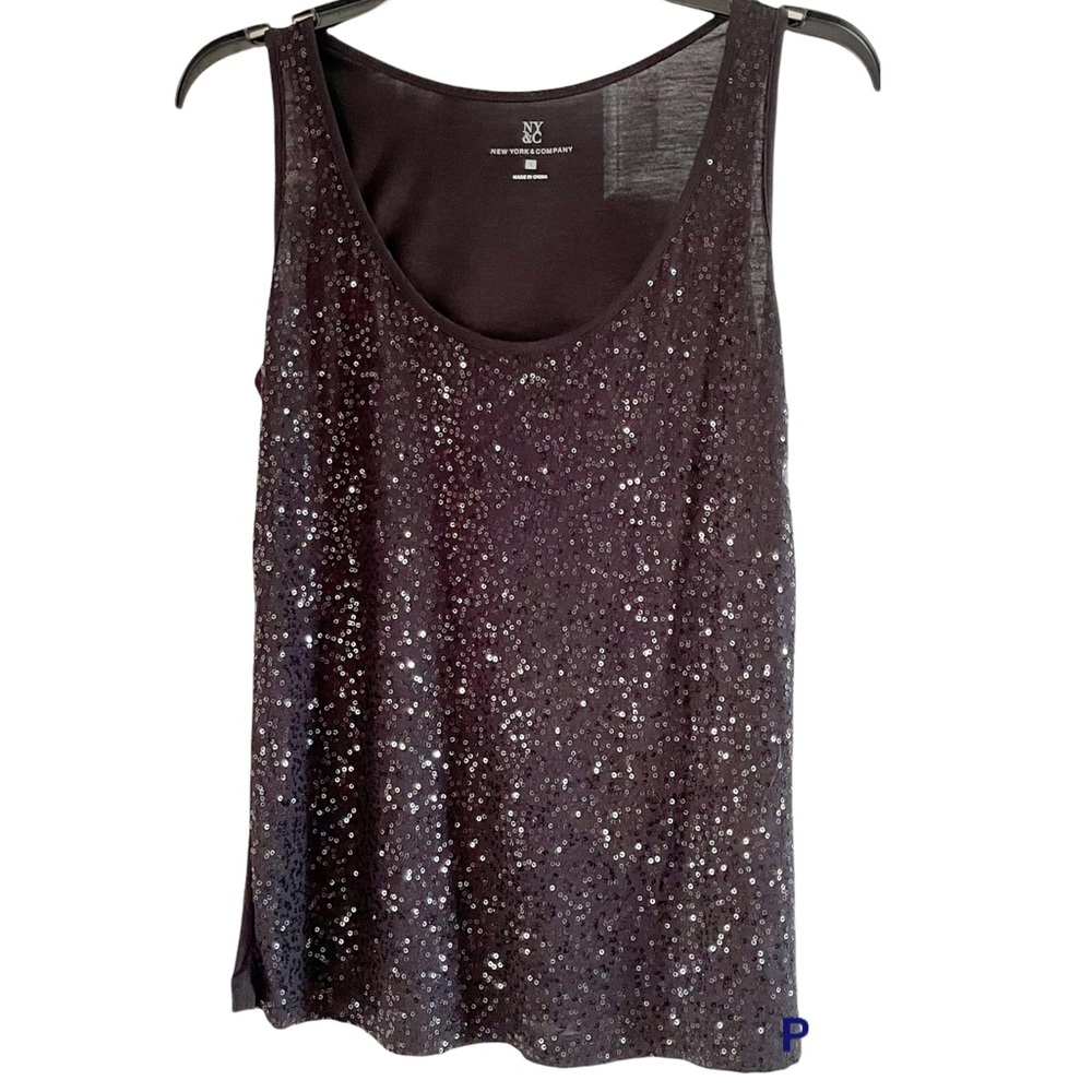 New York & Company Sequin Front Black Tank Top Size S